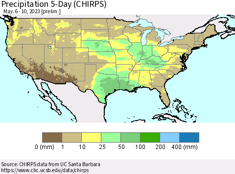 United States Precipitation 5-Day (CHIRPS) Thematic Map For 5/6/2023 - 5/10/2023