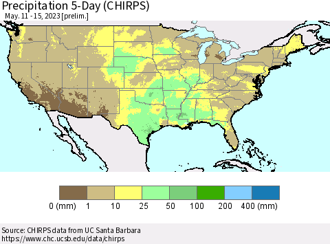 United States Precipitation 5-Day (CHIRPS) Thematic Map For 5/11/2023 - 5/15/2023