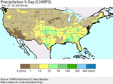 United States Precipitation 5-Day (CHIRPS) Thematic Map For 5/16/2023 - 5/20/2023