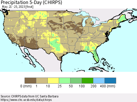 United States Precipitation 5-Day (CHIRPS) Thematic Map For 5/21/2023 - 5/25/2023