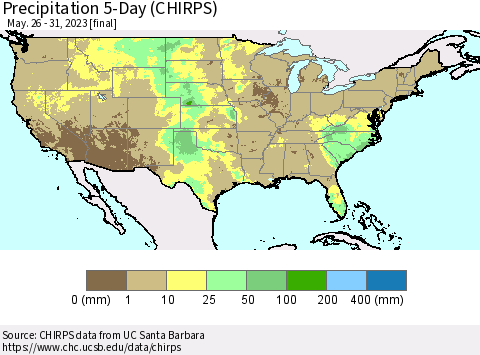 United States Precipitation 5-Day (CHIRPS) Thematic Map For 5/26/2023 - 5/31/2023