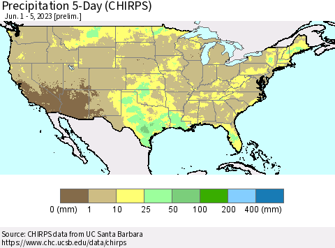 United States Precipitation 5-Day (CHIRPS) Thematic Map For 6/1/2023 - 6/5/2023