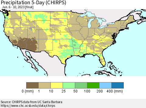 United States Precipitation 5-Day (CHIRPS) Thematic Map For 6/6/2023 - 6/10/2023