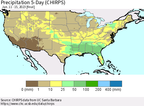 United States Precipitation 5-Day (CHIRPS) Thematic Map For 6/11/2023 - 6/15/2023