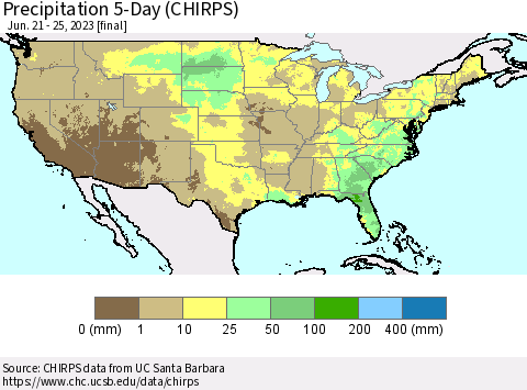 United States Precipitation 5-Day (CHIRPS) Thematic Map For 6/21/2023 - 6/25/2023