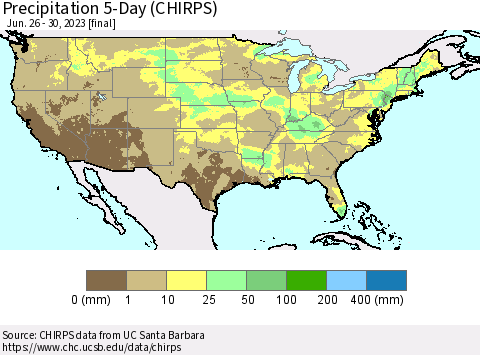 United States Precipitation 5-Day (CHIRPS) Thematic Map For 6/26/2023 - 6/30/2023