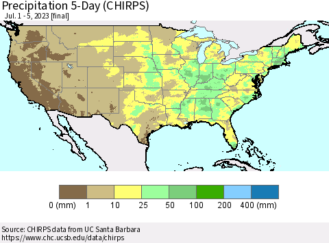 United States Precipitation 5-Day (CHIRPS) Thematic Map For 7/1/2023 - 7/5/2023