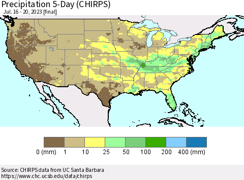 United States Precipitation 5-Day (CHIRPS) Thematic Map For 7/16/2023 - 7/20/2023
