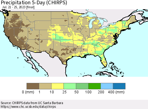 United States Precipitation 5-Day (CHIRPS) Thematic Map For 7/21/2023 - 7/25/2023