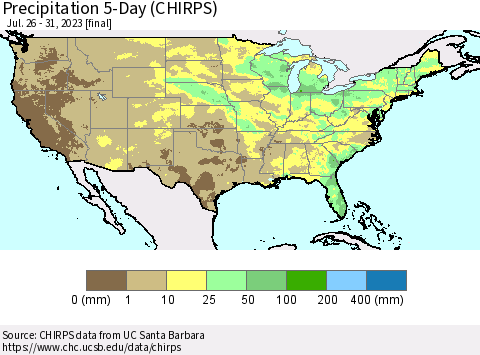United States Precipitation 5-Day (CHIRPS) Thematic Map For 7/26/2023 - 7/31/2023
