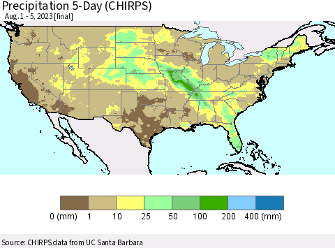 United States Precipitation 5-Day (CHIRPS) Thematic Map For 8/1/2023 - 8/5/2023