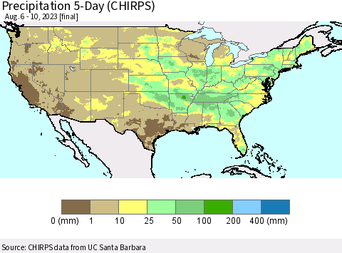 United States Precipitation 5-Day (CHIRPS) Thematic Map For 8/6/2023 - 8/10/2023