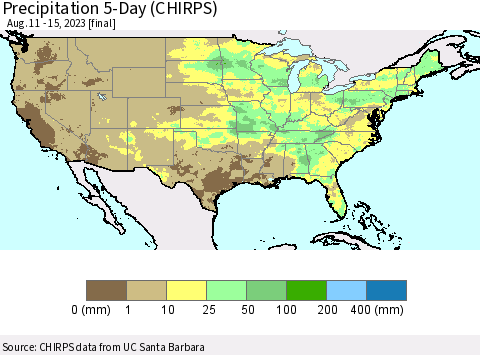United States Precipitation 5-Day (CHIRPS) Thematic Map For 8/11/2023 - 8/15/2023