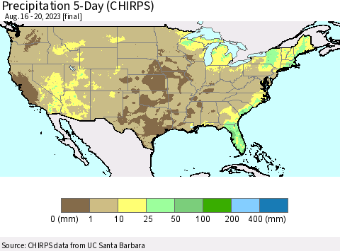 United States Precipitation 5-Day (CHIRPS) Thematic Map For 8/16/2023 - 8/20/2023