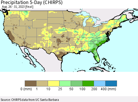 United States Precipitation 5-Day (CHIRPS) Thematic Map For 8/26/2023 - 8/31/2023