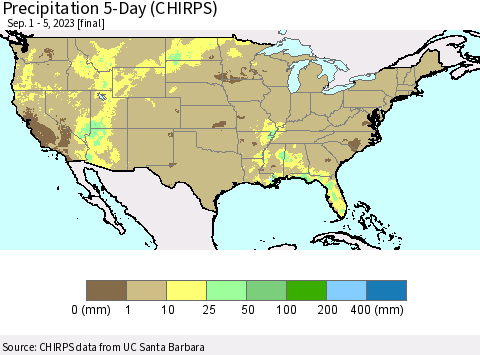 United States Precipitation 5-Day (CHIRPS) Thematic Map For 9/1/2023 - 9/5/2023