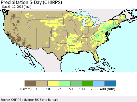 United States Precipitation 5-Day (CHIRPS) Thematic Map For 9/6/2023 - 9/10/2023