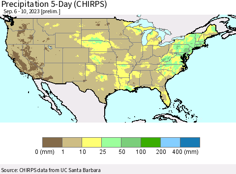 United States Precipitation 5-Day (CHIRPS) Thematic Map For 9/6/2023 - 9/10/2023