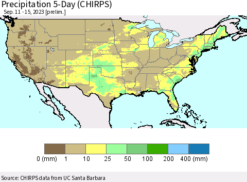 United States Precipitation 5-Day (CHIRPS) Thematic Map For 9/11/2023 - 9/15/2023