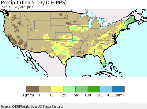 United States Precipitation 5-Day (CHIRPS) Thematic Map For 9/16/2023 - 9/20/2023