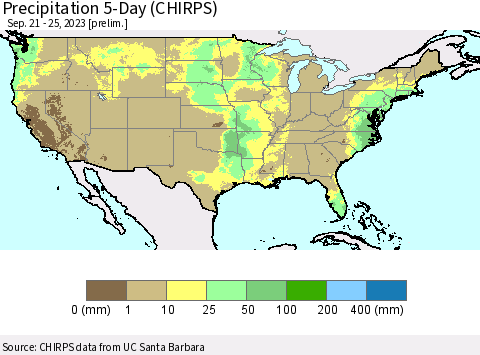 United States Precipitation 5-Day (CHIRPS) Thematic Map For 9/21/2023 - 9/25/2023