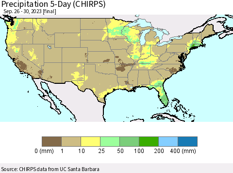United States Precipitation 5-Day (CHIRPS) Thematic Map For 9/26/2023 - 9/30/2023