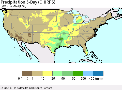 United States Precipitation 5-Day (CHIRPS) Thematic Map For 10/1/2023 - 10/5/2023