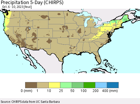 United States Precipitation 5-Day (CHIRPS) Thematic Map For 10/6/2023 - 10/10/2023