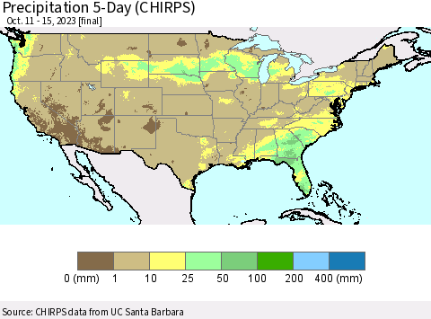 United States Precipitation 5-Day (CHIRPS) Thematic Map For 10/11/2023 - 10/15/2023