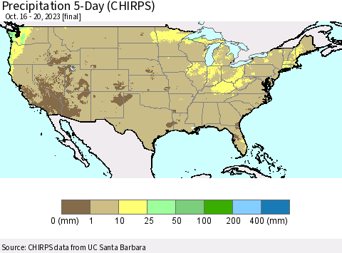 United States Precipitation 5-Day (CHIRPS) Thematic Map For 10/16/2023 - 10/20/2023