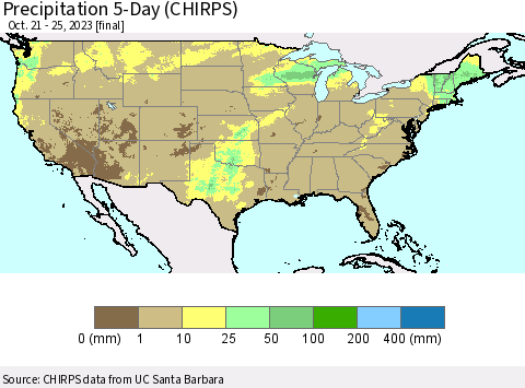 United States Precipitation 5-Day (CHIRPS) Thematic Map For 10/21/2023 - 10/25/2023