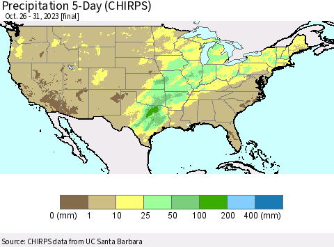 United States Precipitation 5-Day (CHIRPS) Thematic Map For 10/26/2023 - 10/31/2023