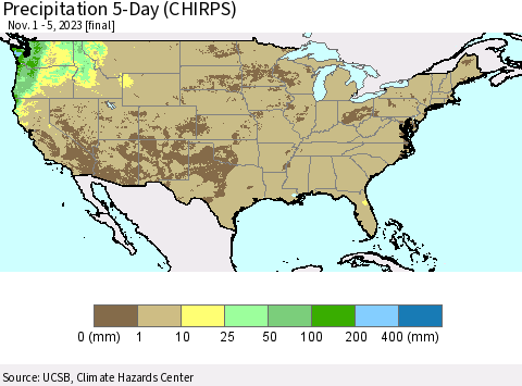 United States Precipitation 5-Day (CHIRPS) Thematic Map For 11/1/2023 - 11/5/2023