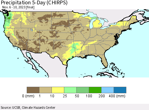 United States Precipitation 5-Day (CHIRPS) Thematic Map For 11/6/2023 - 11/10/2023