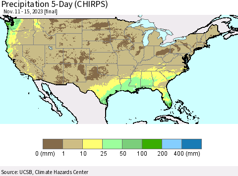 United States Precipitation 5-Day (CHIRPS) Thematic Map For 11/11/2023 - 11/15/2023