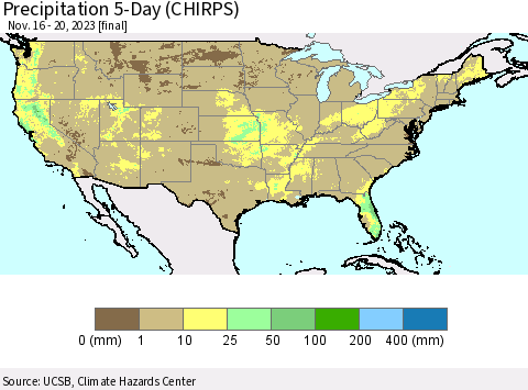 United States Precipitation 5-Day (CHIRPS) Thematic Map For 11/16/2023 - 11/20/2023