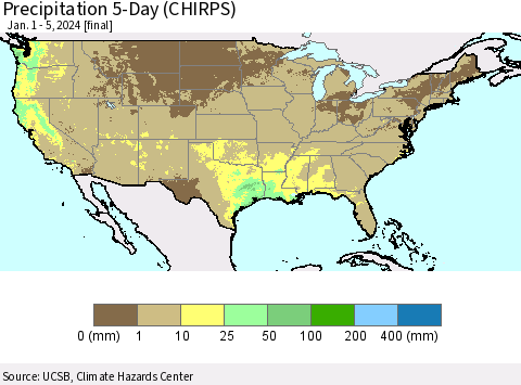 United States Precipitation 5-Day (CHIRPS) Thematic Map For 1/1/2024 - 1/5/2024