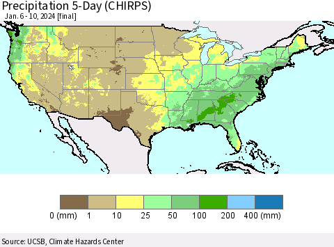 United States Precipitation 5-Day (CHIRPS) Thematic Map For 1/6/2024 - 1/10/2024