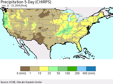 United States Precipitation 5-Day (CHIRPS) Thematic Map For 1/11/2024 - 1/15/2024