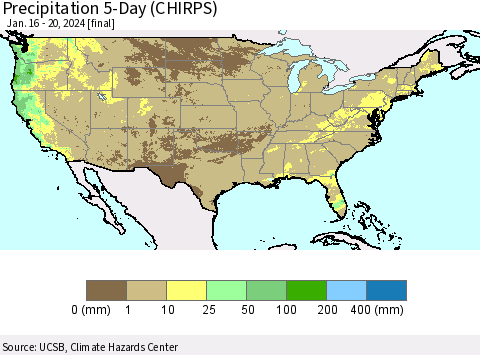 United States Precipitation 5-Day (CHIRPS) Thematic Map For 1/16/2024 - 1/20/2024