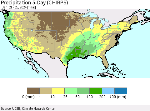 United States Precipitation 5-Day (CHIRPS) Thematic Map For 1/21/2024 - 1/25/2024