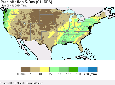United States Precipitation 5-Day (CHIRPS) Thematic Map For 1/26/2024 - 1/31/2024