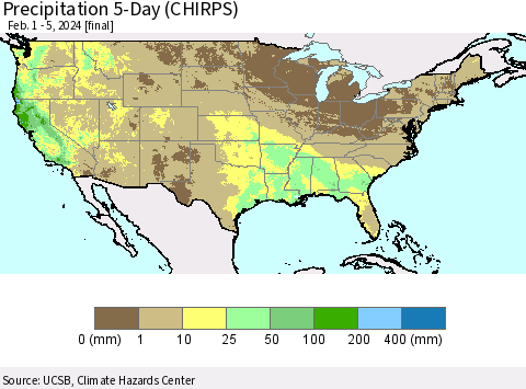 United States Precipitation 5-Day (CHIRPS) Thematic Map For 2/1/2024 - 2/5/2024