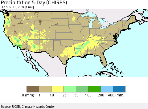 United States Precipitation 5-Day (CHIRPS) Thematic Map For 2/6/2024 - 2/10/2024