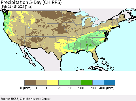 United States Precipitation 5-Day (CHIRPS) Thematic Map For 2/11/2024 - 2/15/2024