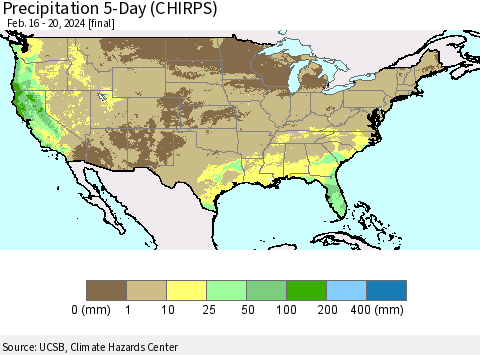United States Precipitation 5-Day (CHIRPS) Thematic Map For 2/16/2024 - 2/20/2024