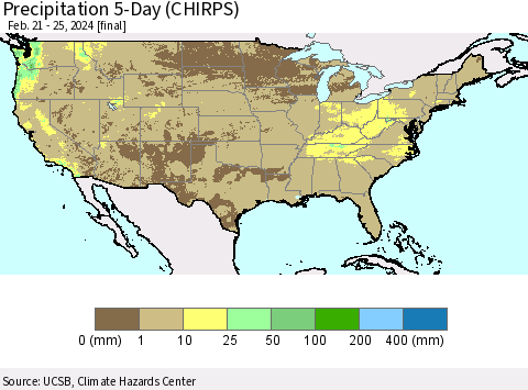 United States Precipitation 5-Day (CHIRPS) Thematic Map For 2/21/2024 - 2/25/2024