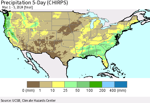 United States Precipitation 5-Day (CHIRPS) Thematic Map For 3/1/2024 - 3/5/2024