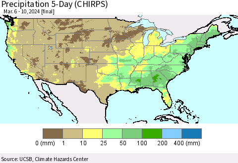 United States Precipitation 5-Day (CHIRPS) Thematic Map For 3/6/2024 - 3/10/2024
