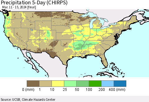 United States Precipitation 5-Day (CHIRPS) Thematic Map For 3/11/2024 - 3/15/2024